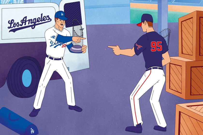 A cartoon drawing depicting a Dodgers player and a Braves player pointing at each other, inspired by the Spiderman meme