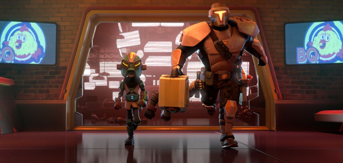 animation of a girl in a costume walking next to a helmeted bounty hunter