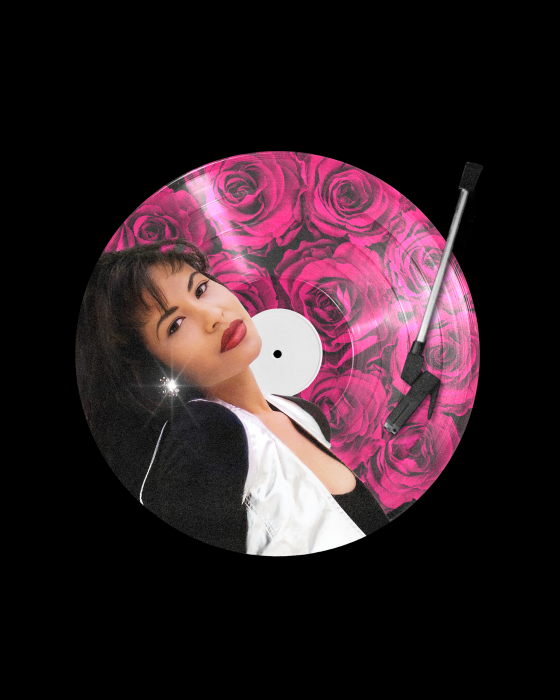 Collage of Selena Quintanilla and a vinyl record, on which a picture of roses is printed