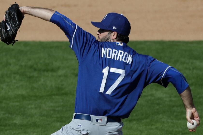 Los Angeles Dodgers' Brandon Morrow throws during the fourth inning of a spring training baseball game against the Milwaukee Brewers Sunday, Feb. 26, 2017, in Phoenix. (AP Photo/Morry Gash)