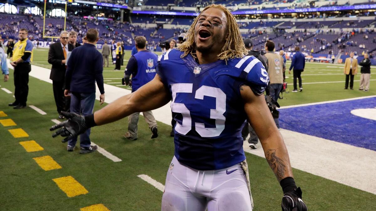 Indianapolis Colts linebacker Edwin Jackson walks off the field following a game against Tennessee on Nov. 20, 2016.