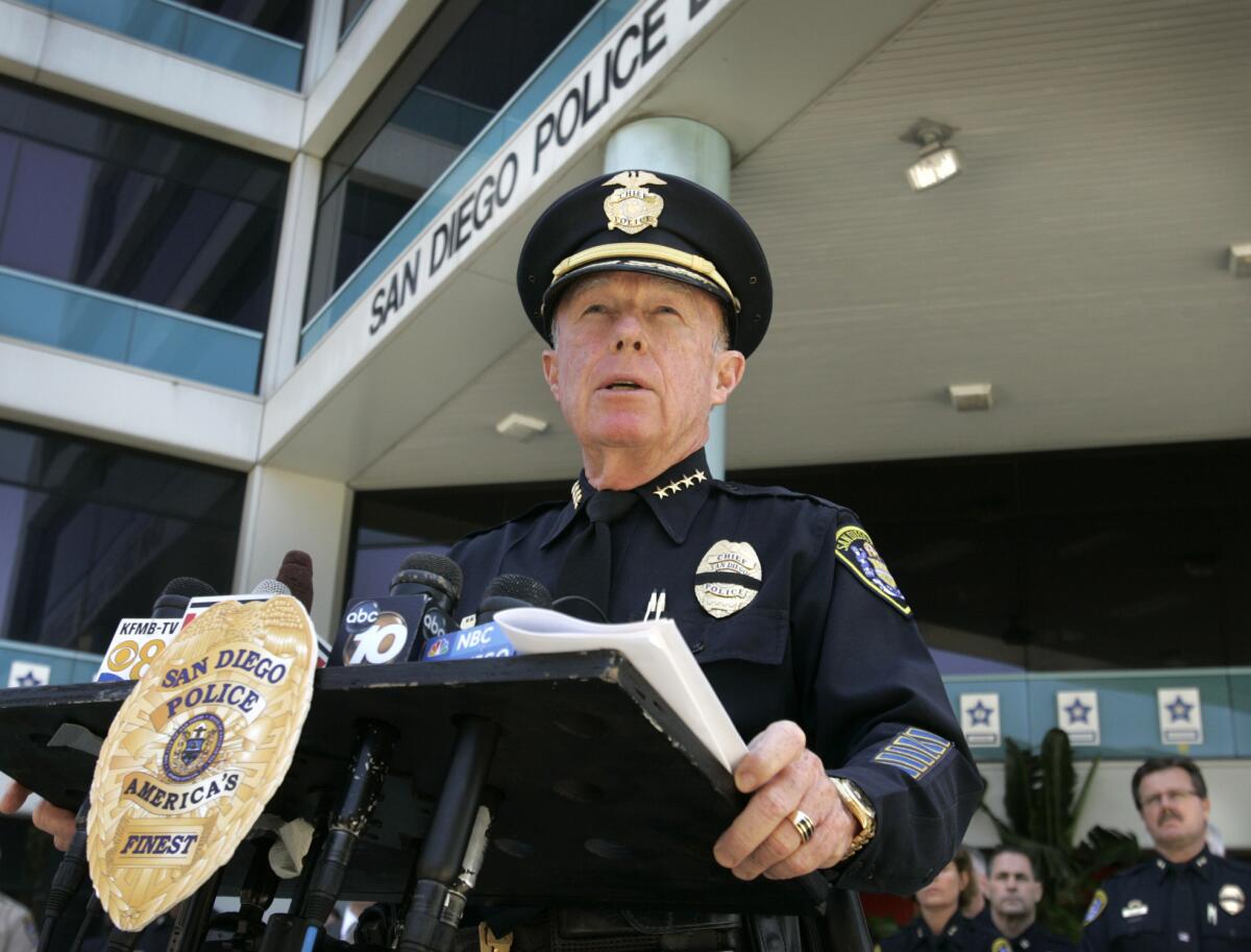 San Diego Police Chief Bill Lansdowne said the department is changing its policy on transporting female suspects in patrol cars. It will now be required to have two officers in the car when a woman is being transported. Above, Lansdowne speaks at a news conference.