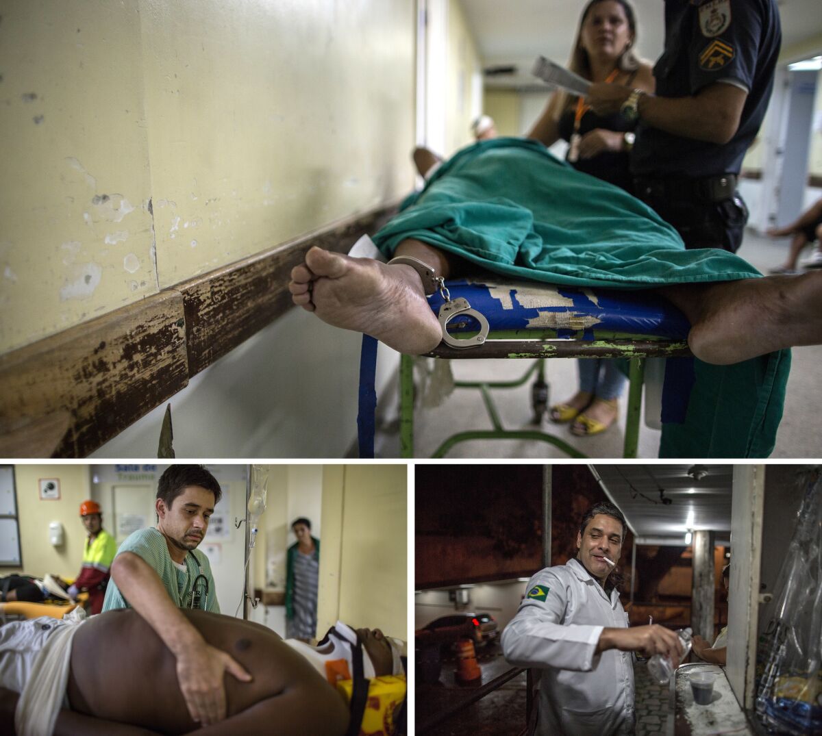 Clockwise from top, a wounded man who was detained by authorities awaits treatment. Alessandry Lopes Bastos, a vascular surgeon, drinks coffee before surgery. Felipe St. Clair, chief of emergency, tends to a patient.