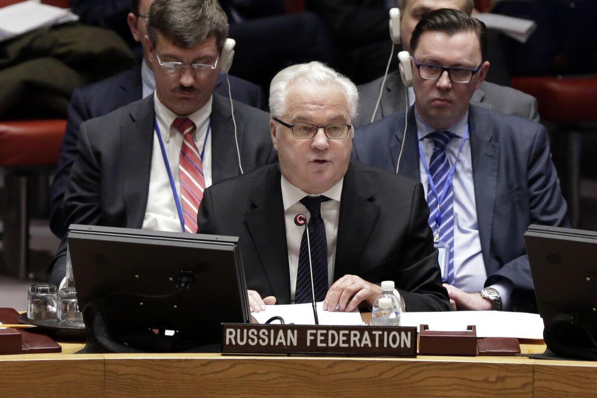 Russia's ambassador to the U.N., Vitaly Churkin, addresses a Security Council meeting at the United Nations on Feb. 2.