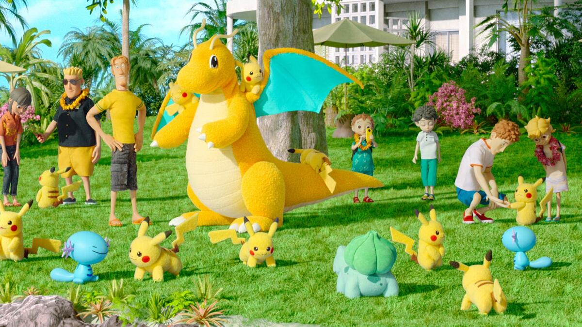 Pokémon, children and parents assembled on a tropical resort lawn.