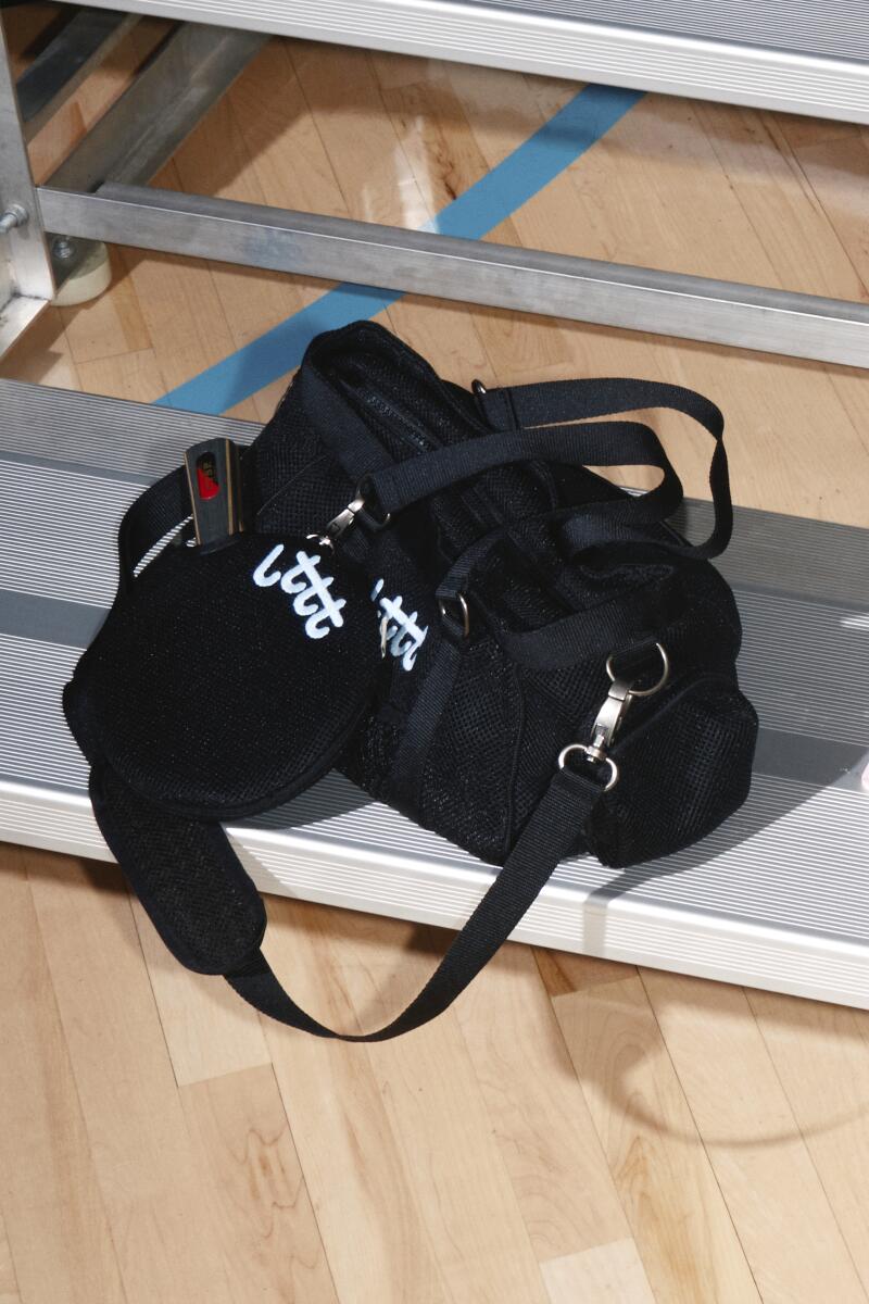Image of a black bag on bleachers. 