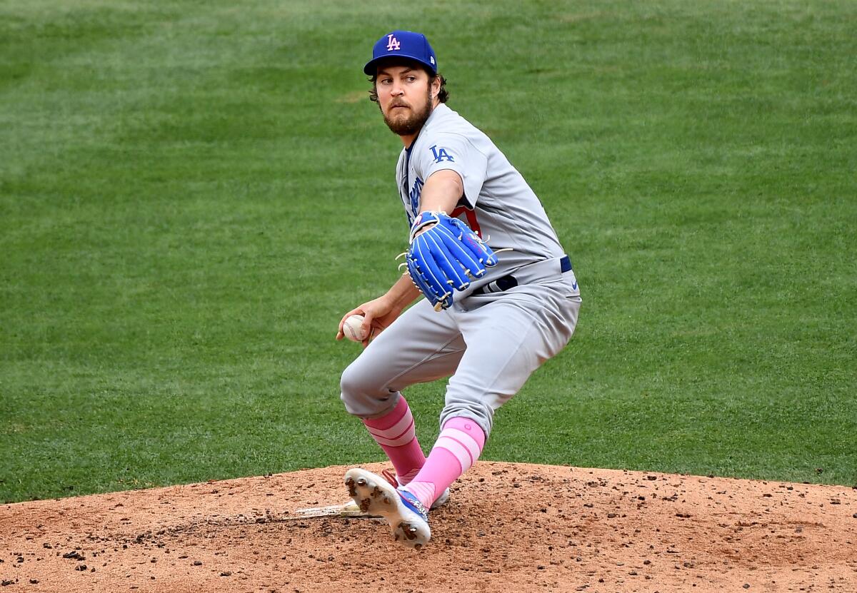 ANAHEIM, CALIFORNIA MAY 9, 2021-Dodgers pitcher Trevor Bauer throws a pitch.