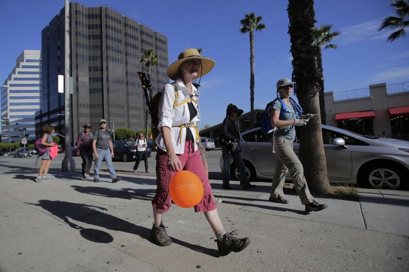 Sierra Club members are 13 miles into their annual 16-mile walk from Wilshire Boulevard and Figueroa Street in downtown Los Angeles to Ocean Avenue in Santa Monica.