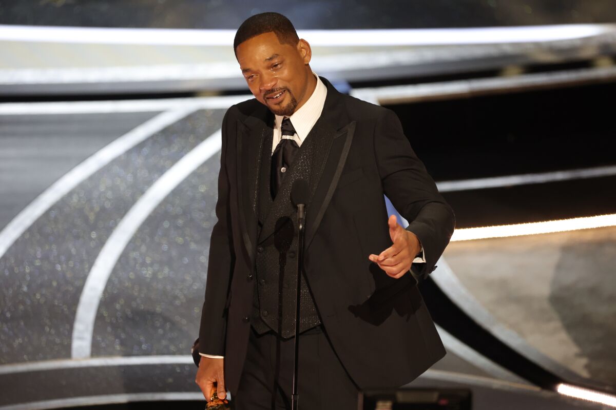 Will Smith accepts the award for Best Actor in a Leading Role for "King Richard" at the 94th Academy Awards.