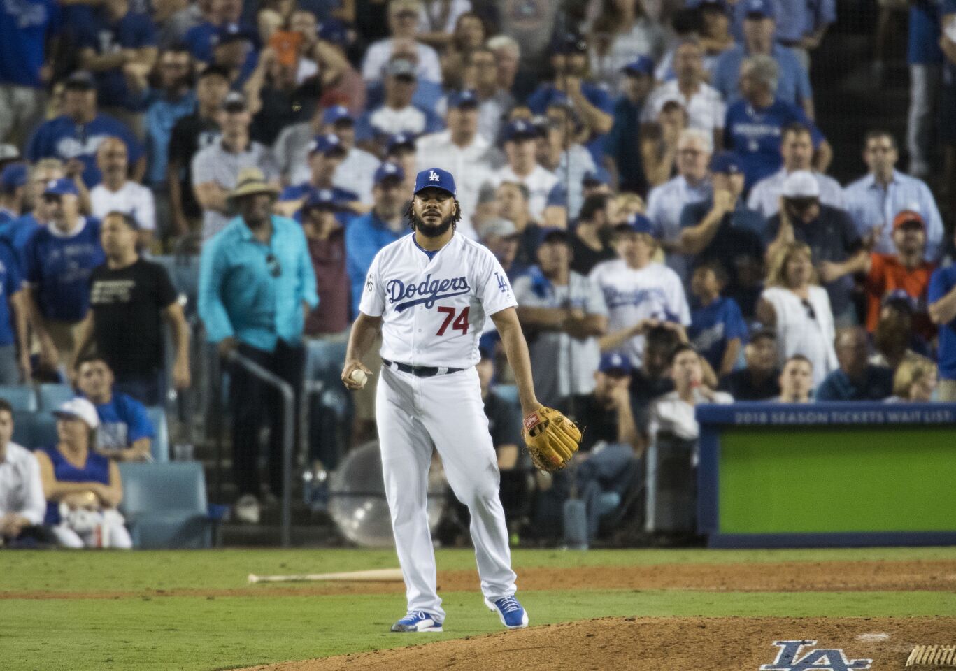 Kenley Jansen turns toward the outfield after giving up a game-tying homer to Astros left fielder Marwin Gonzalez in the ninth inning.