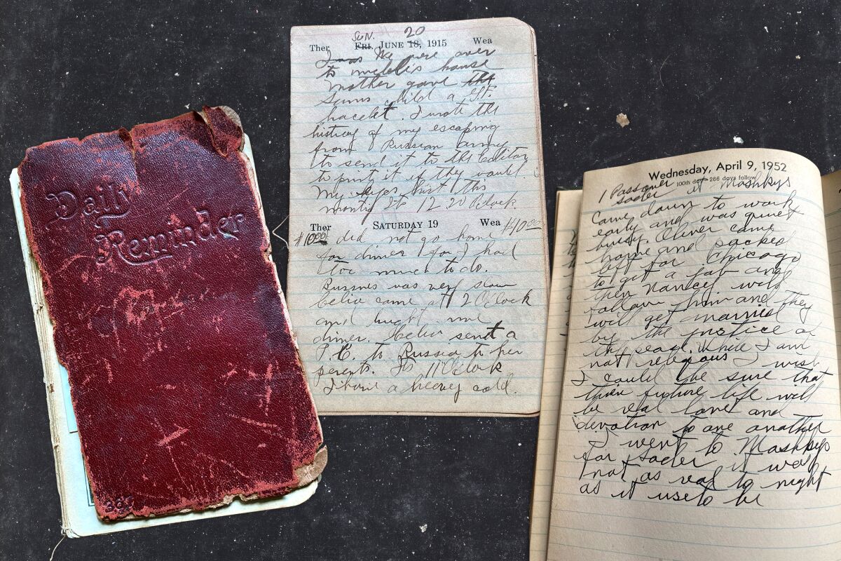 A worn-out journal cover and two journal pages with handwritten entries