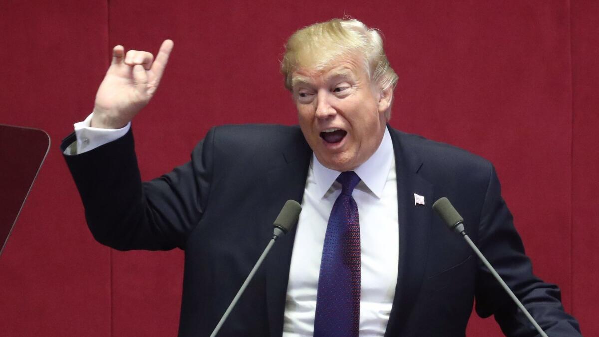 President Trump, in a speech Wednesday to South Korea's National Assembly in Seoul, called North Korean leader Kim Jong Un a tyrant.