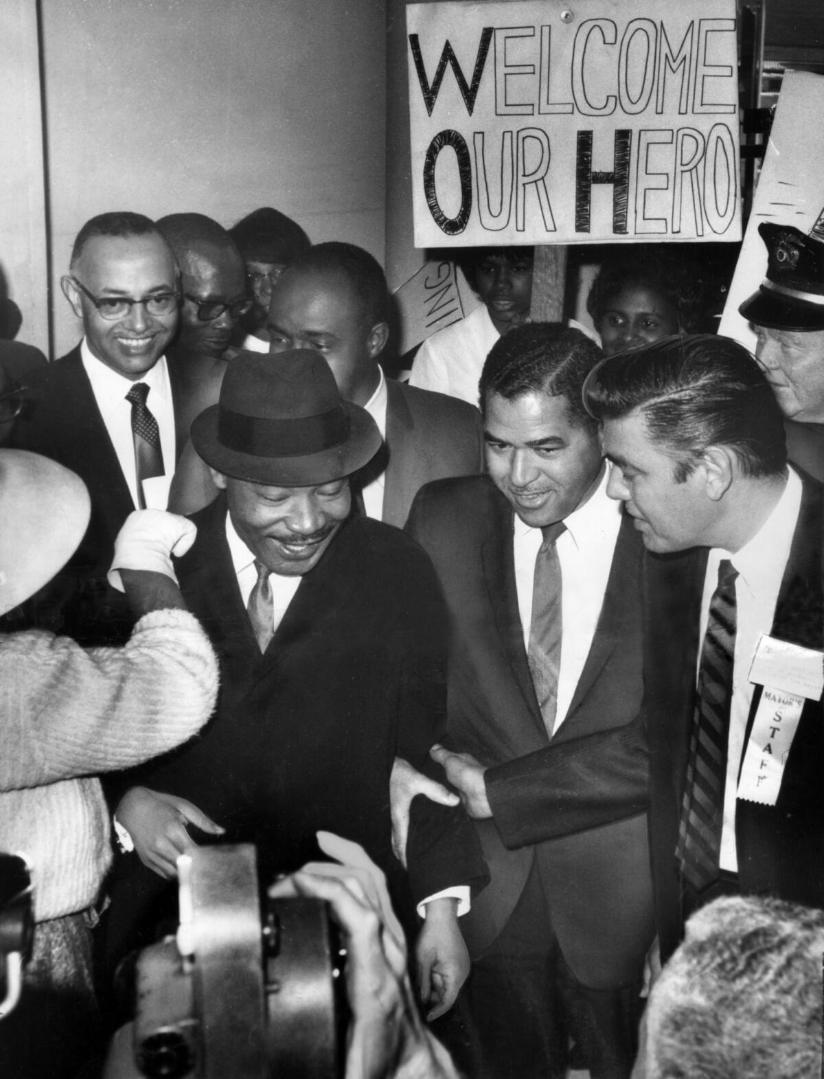 Martin Luther King Jr. was surrounded by heavy security when he arrived in Los Angeles on Feb. 24, 1965, to give a series of speeches pushing for voting rights legislation.