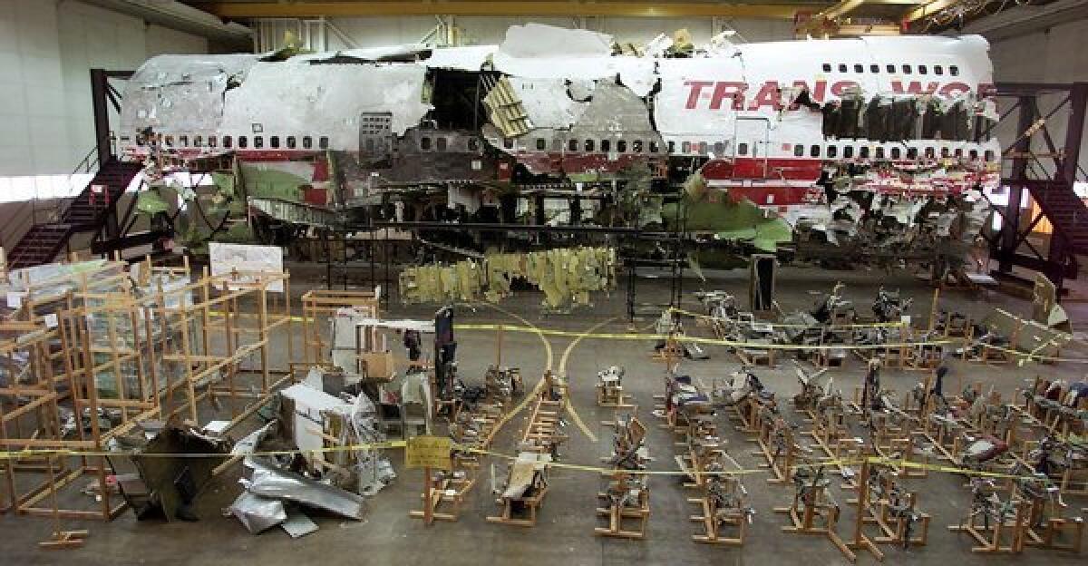 The wreckage of TWA Flight 800 re-created in a hangar in New York. The documentary "TWA Flight 800" premieres tonight on EPIX.