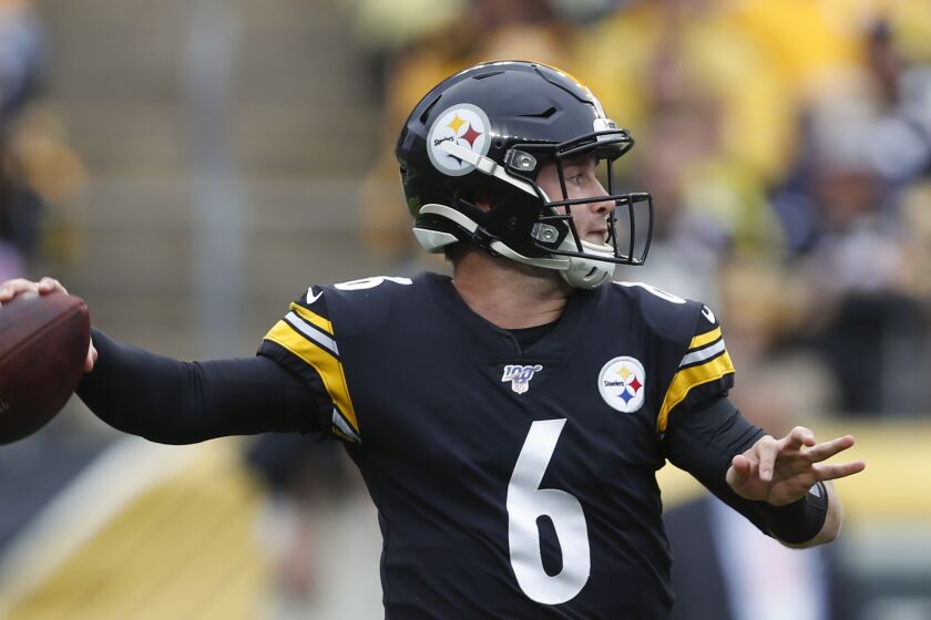 Pittsburgh Steelers backup quarterback Devlin Hodges (6) plays against the Baltimore Ravens in the second half of an NFL football game, Sunday, Oct. 6, 2019, in Pittsburgh. (AP Photo/Don Wright)