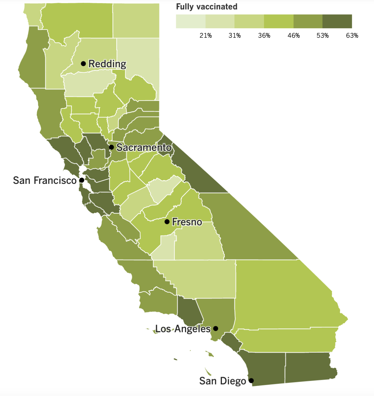 A California map showing vaccination rates by county as of July 13, 2021.