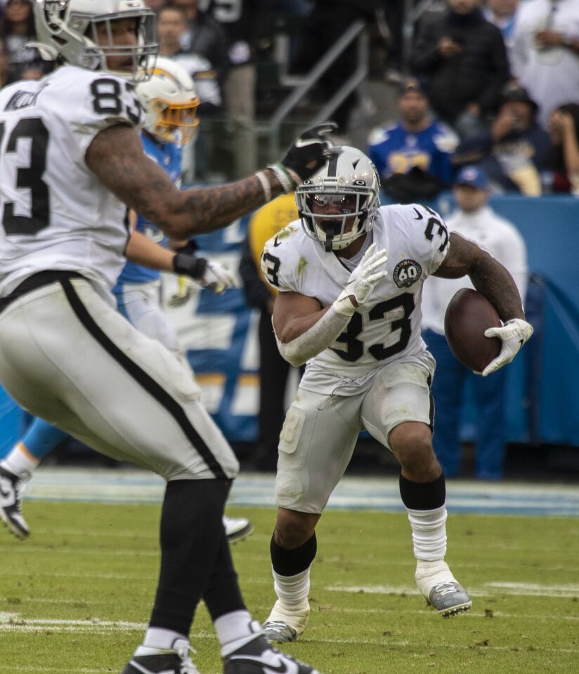 Oakland Raiders running back DeAndre Washington carries the ball against the Chargers.