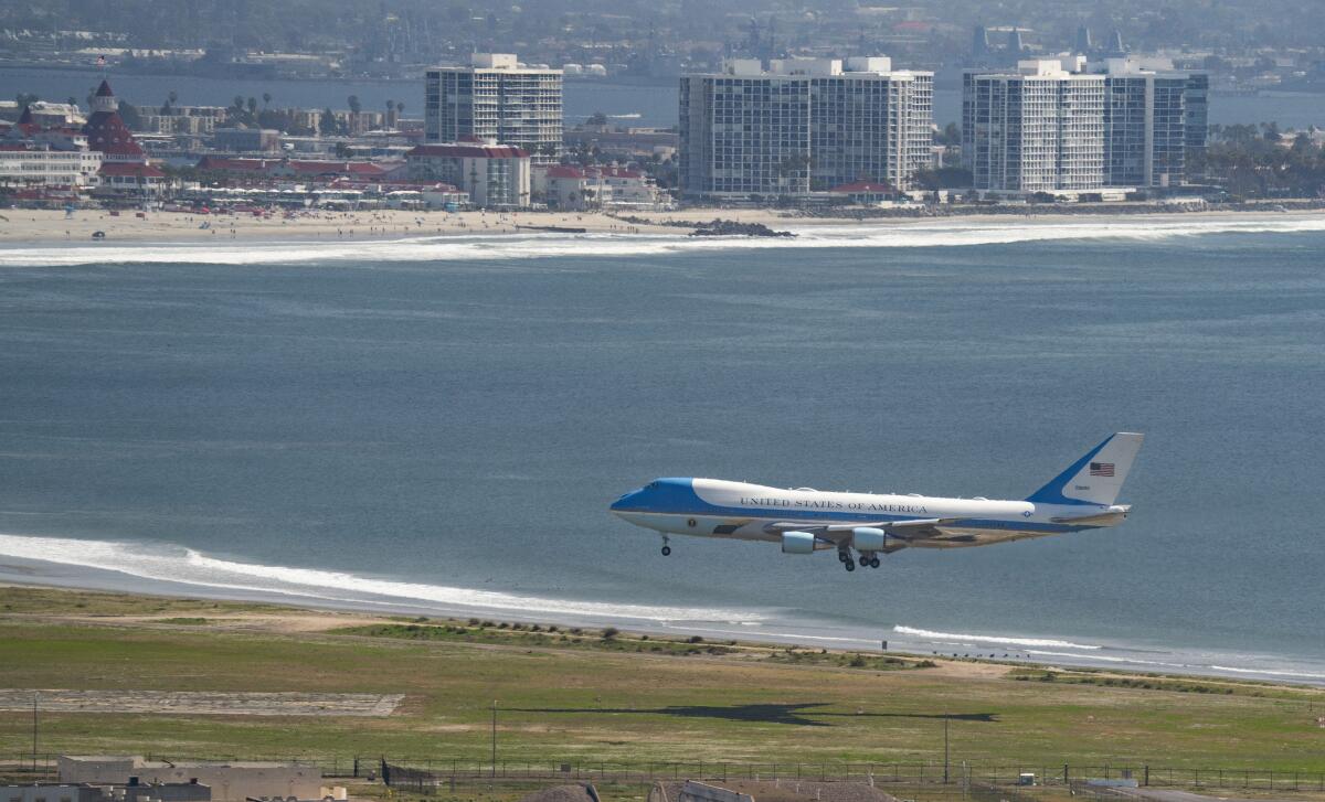 Air Force One, carrying President Biden, before touchdown at Naval Air Station North Island.
