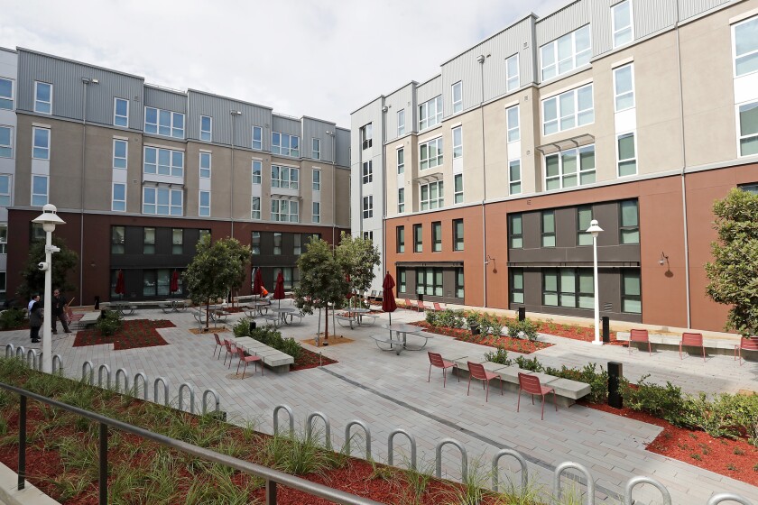 The courtyard at Chapman University's new 400-bed residence hall is equipped with outlets for students to charge their electronic devices.