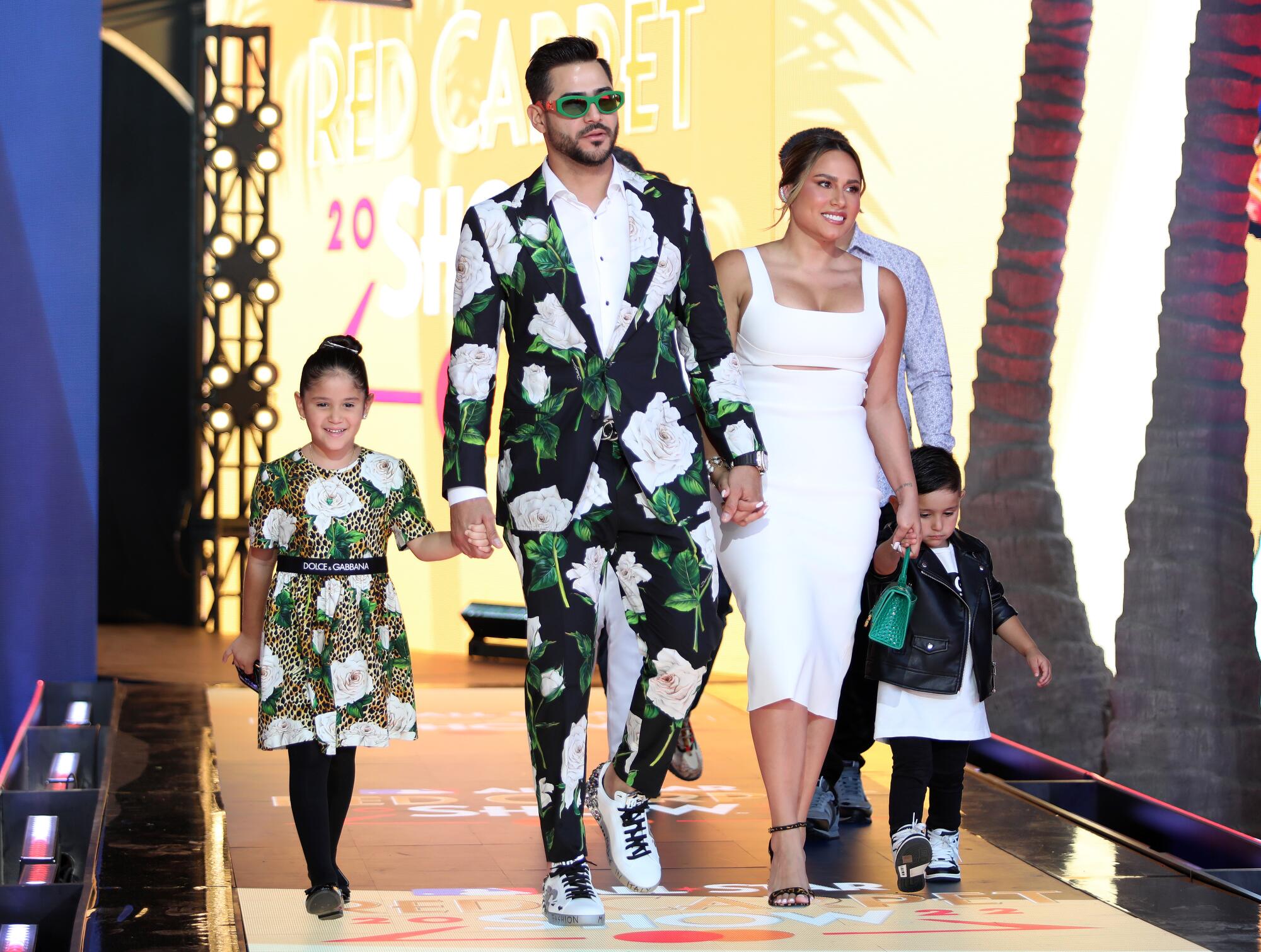 Martin Perez in a flower covered suit and family arrive at the 2022 MLB All-Star Game Red Carpet Show.