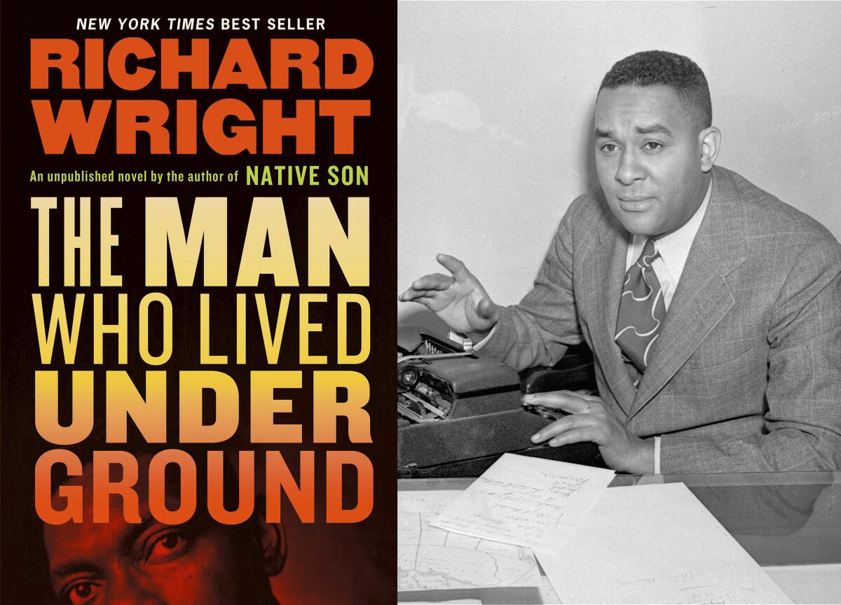 The cover of "The Man Who Lived Underground" next to a black-and-white photo of author Richard Wright at a typewriter.
