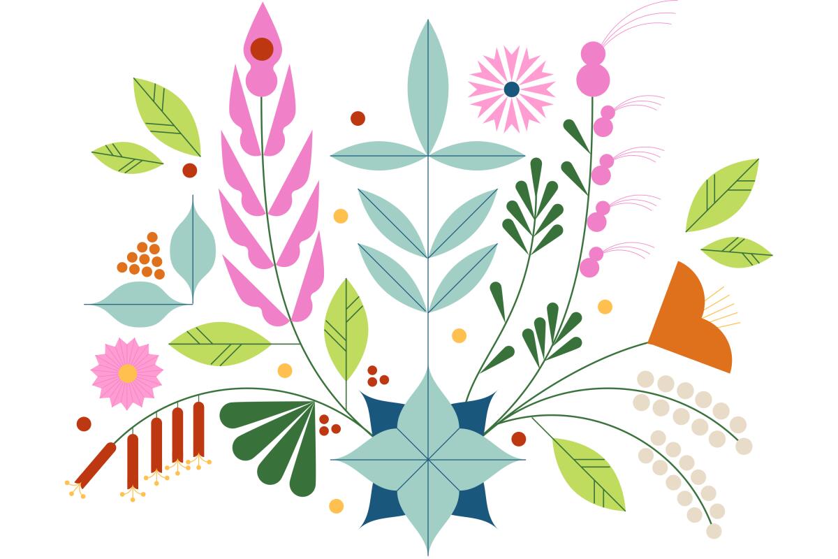 An illustration of a bouquet of California native plants and flowers.