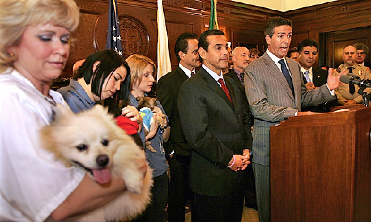 Wayne Pacelle, right, President and CEO of Humane Society of the United States at a press conference in the Mayor's Press Room where Mayor Villaraigosa was joined by Los Angeles City Councilmembers Richard Alarcón and Tony Cardenas.