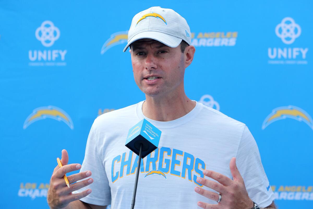 Coach Brandon Staley speaks to media during the first day of Chargers training camp at Jack Hammett Sports Complex.