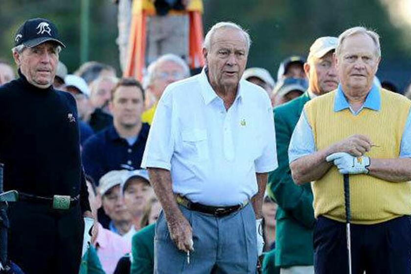 Gary Player, left, Arnold Palmer and Jack Nicklaus on the first tee at Augusta National on Thursday.