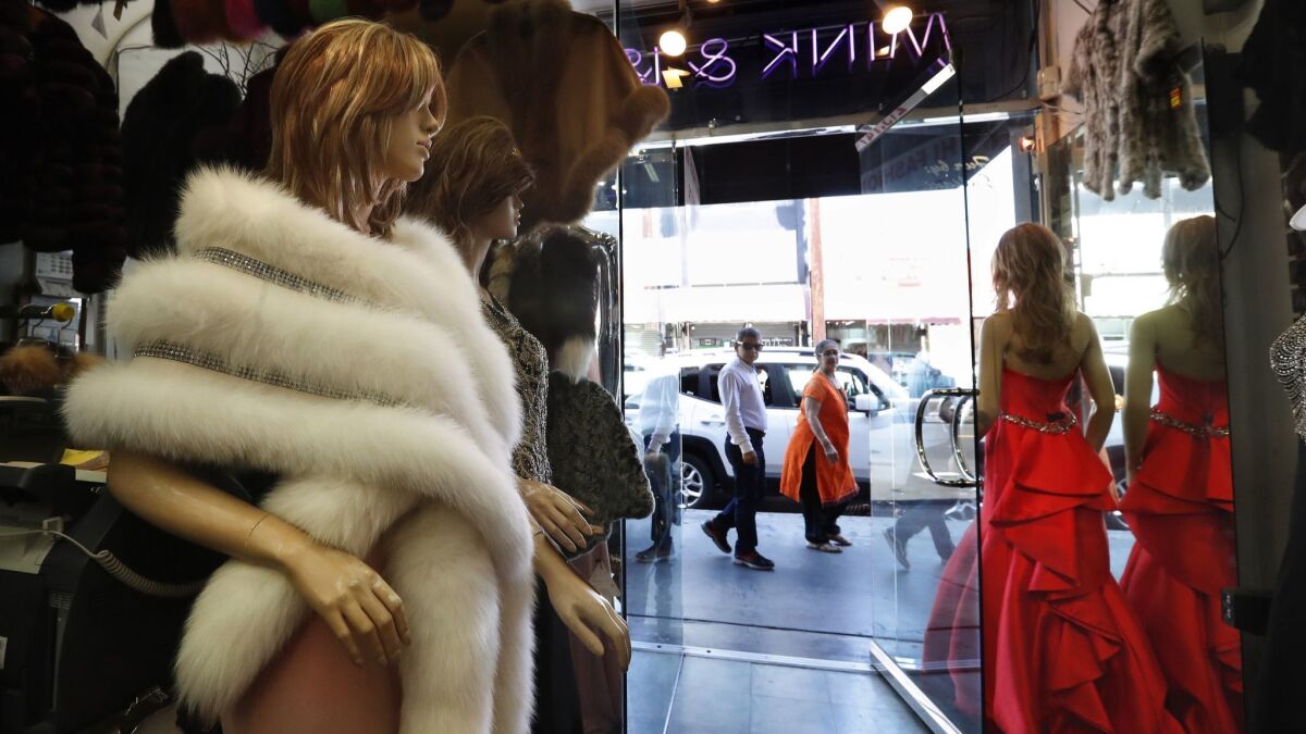 A fur stole is displayed in a shop in L.A.'s Fashion District.