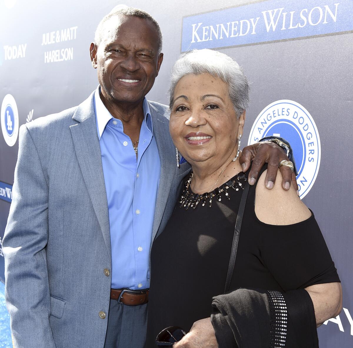 Manny Mota and Margarita Mota arrive at the Los Angeles Dodgers Foundation.