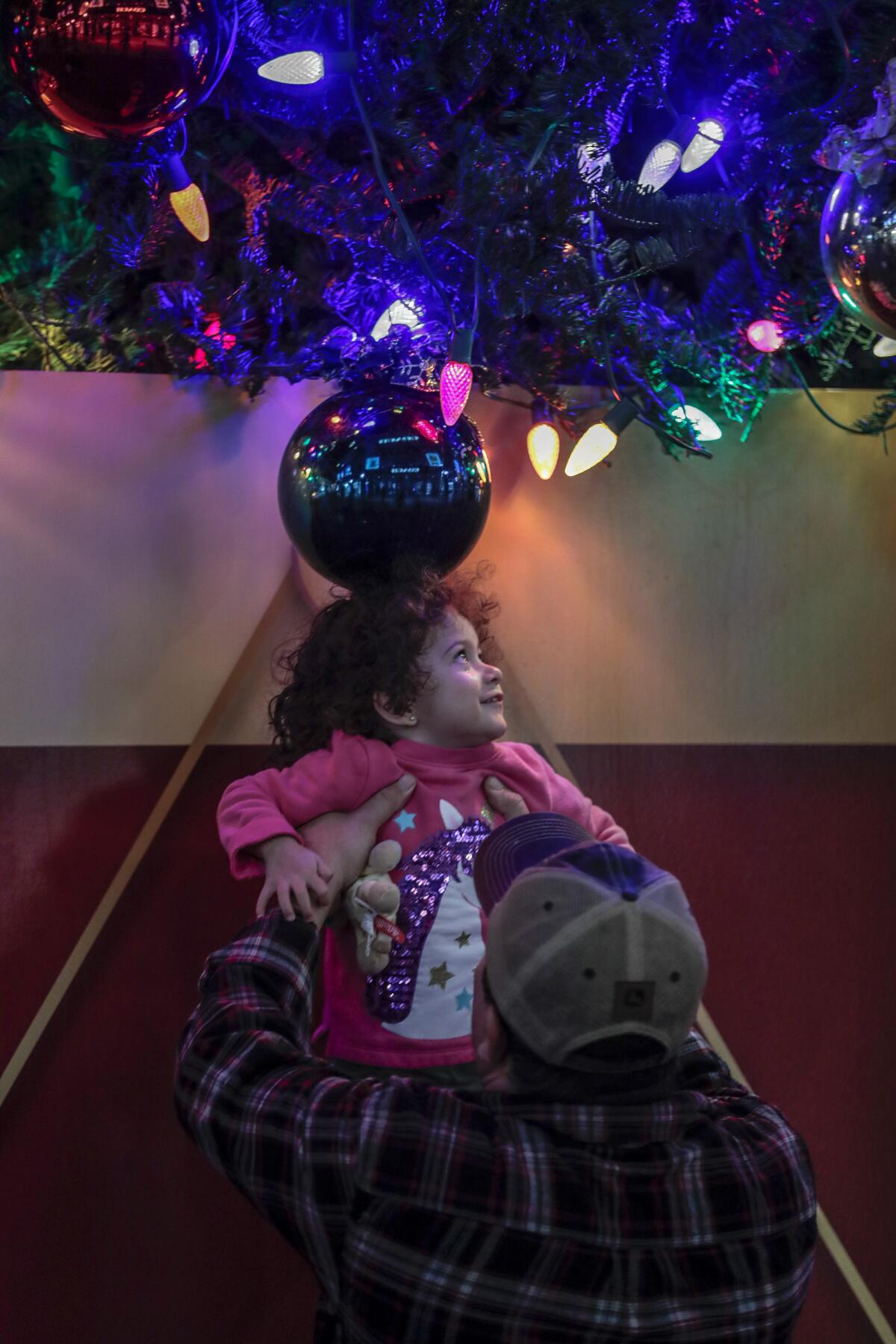 Viviana Cruz, lifted by her father, Rafael, gets her picture taken at the 115-foot Christmas tree at the Citadel Outlets.