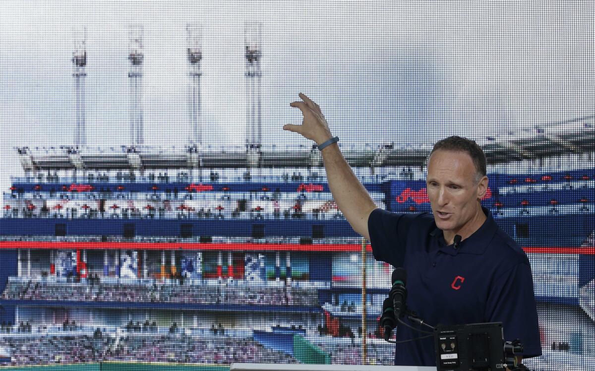 Cleveland Indians President Mark Shapiro points out the major renovations to right field at Progressive Field in Cleveland on August 7, 2014.
