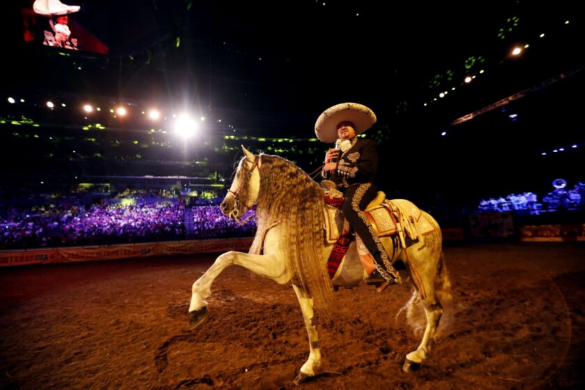 LOS ANGELES, CA JUNE 8, 2019: Pepe Aguilar, ranchera superstar performs on horseback during the "Jaripeo sin Fronteras Tour 2019 at the Staples Center in Los Angeles, CA June 8, 2019. (Francine Orr/ Los Angeles Times)