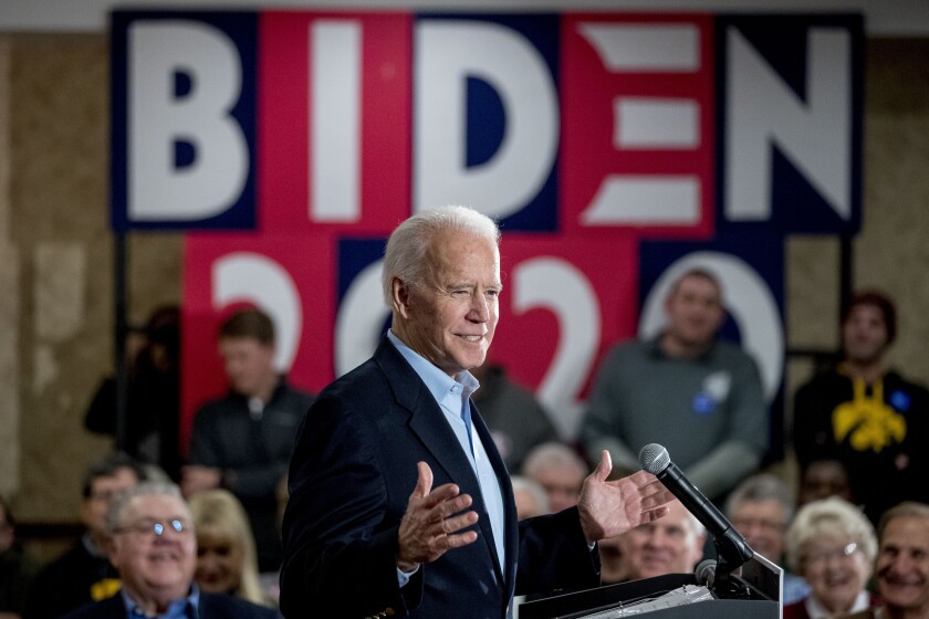 Democratic presidential candidate former Vice President Joe Biden speaks at a campaign stop in Fort Madison, Iowa.