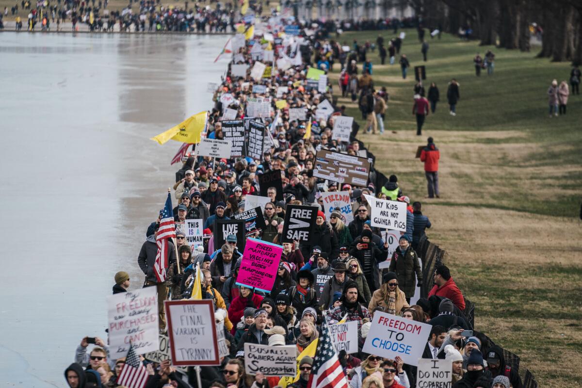 A crowd of people carrying signs and American flags march next to a body of water.