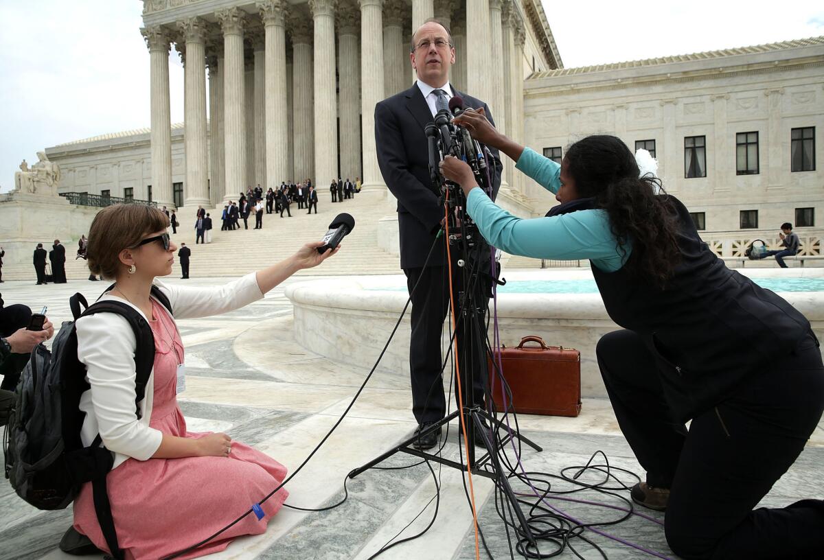 Paul Clement, the attorney for the broadcasters, speaks to members of the media in front of the U.S. Supreme Court after oral arguments April 22, 2014 in Washington, DC.