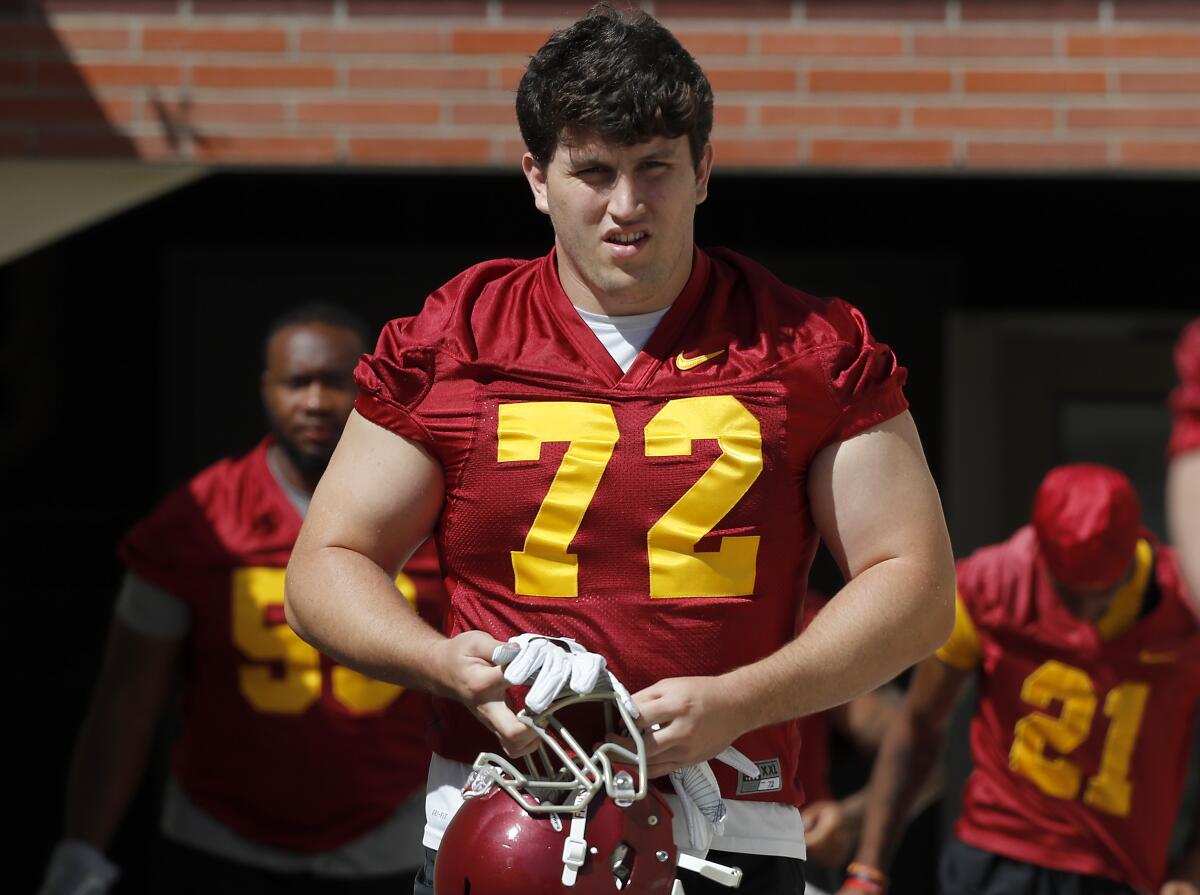 USC offensive lineman Andrew Vorhees walks on the field during training camp in August 2019.