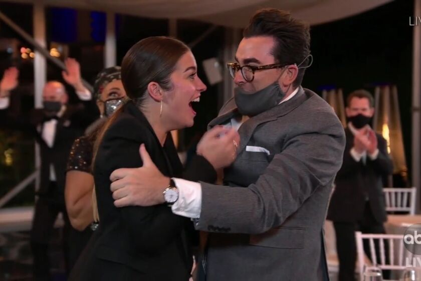 LOS ANGELES, CA: Annie Murphy and Dan Levy after winning for Outstanding Supporting Actress in a Comedy Series in "Schitt's Creek" pictured in a screengrab from the telecast of the 72nd Annual Emmy Awards on ABC hosted by Jimmy Kimmel on September 20, 2020. CREDIT: ABC/ Walt Disney Television