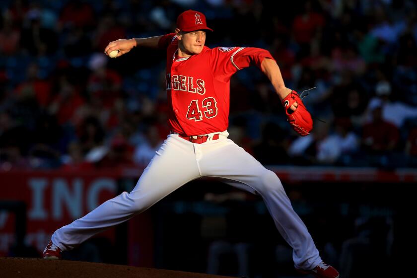 Angels starter Garrett Richards delivers a pitch against the Diamondbacks in the first inning of a game June 16.