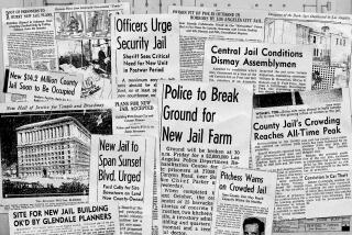 Collage of archived newspaper headlines about a new jail construction and poor conditions