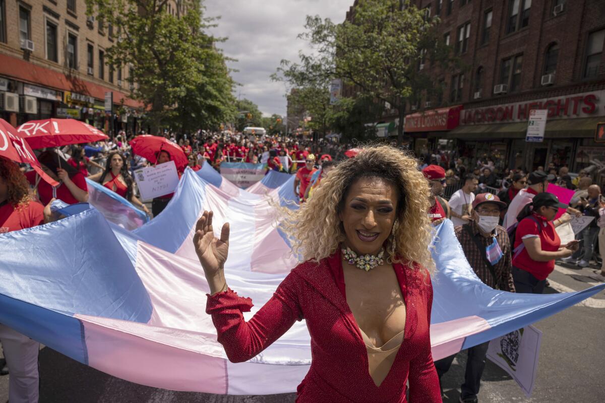 Pride participants hold a large transgender flag