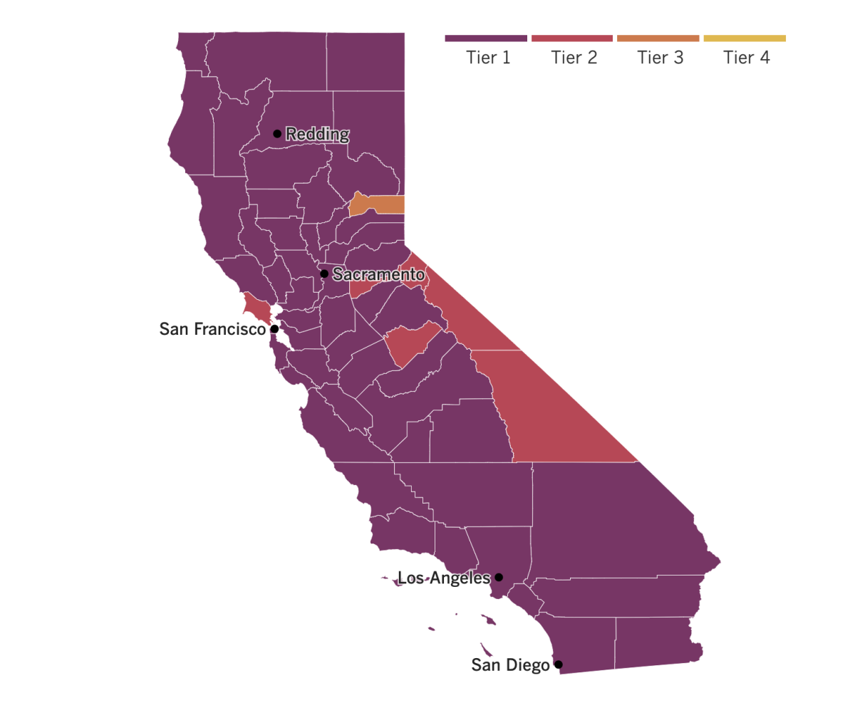 A map showing which tiers California counties have been assigned in the state's reopening plan based on coronavirus spread.
