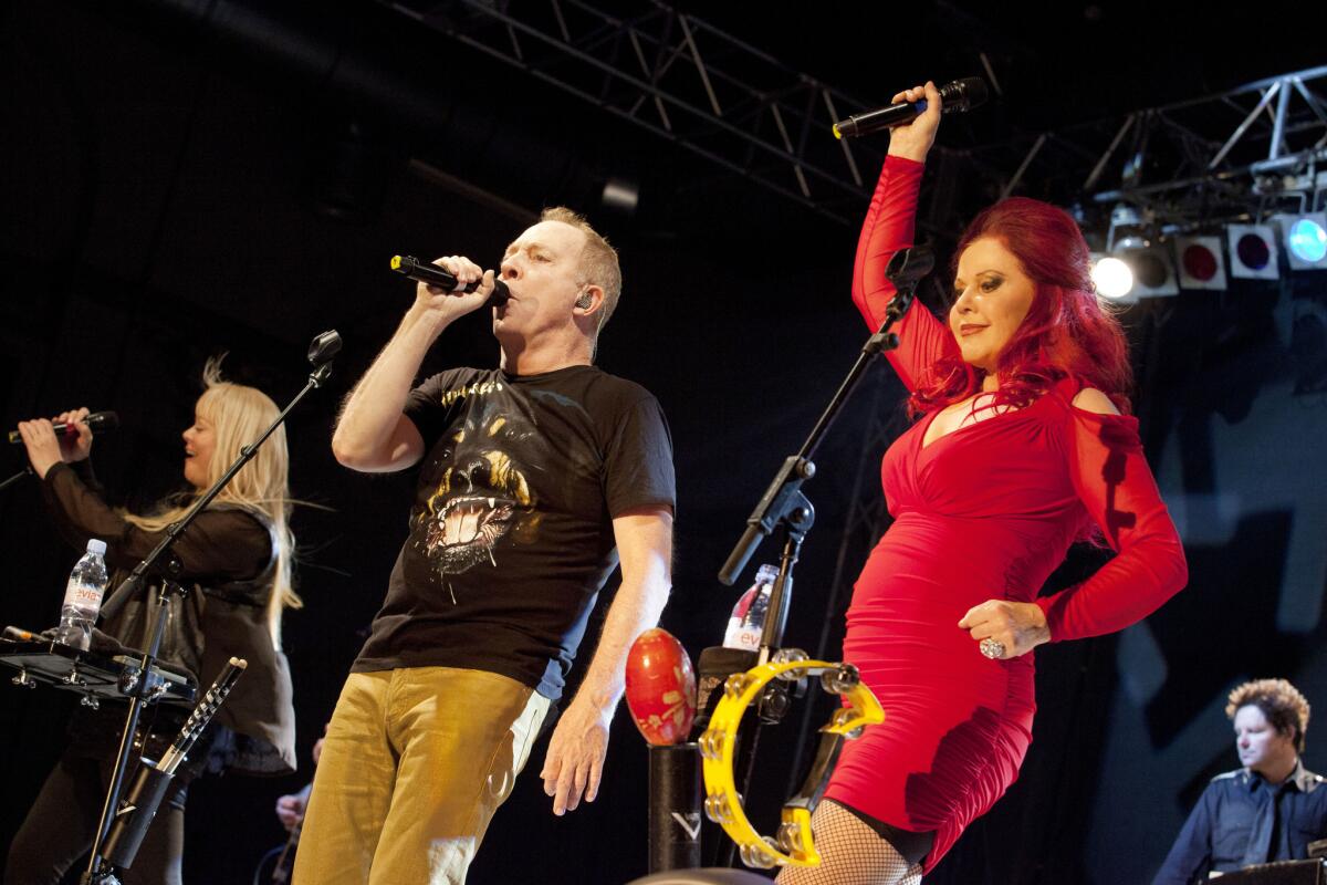 Cindy Wilson, left, Fred Schneider and Kate Pierson of the B-52's perform at the Huxleys on Aug. 21, 2013, in Berlin, Germany.