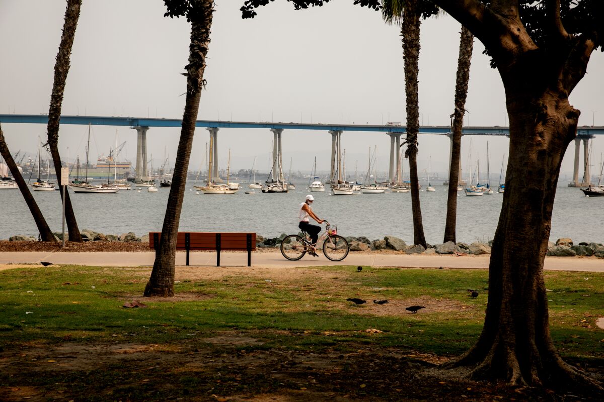 A cyclist rides along the BayShore Bikeway at Coronado Tidelands Park.