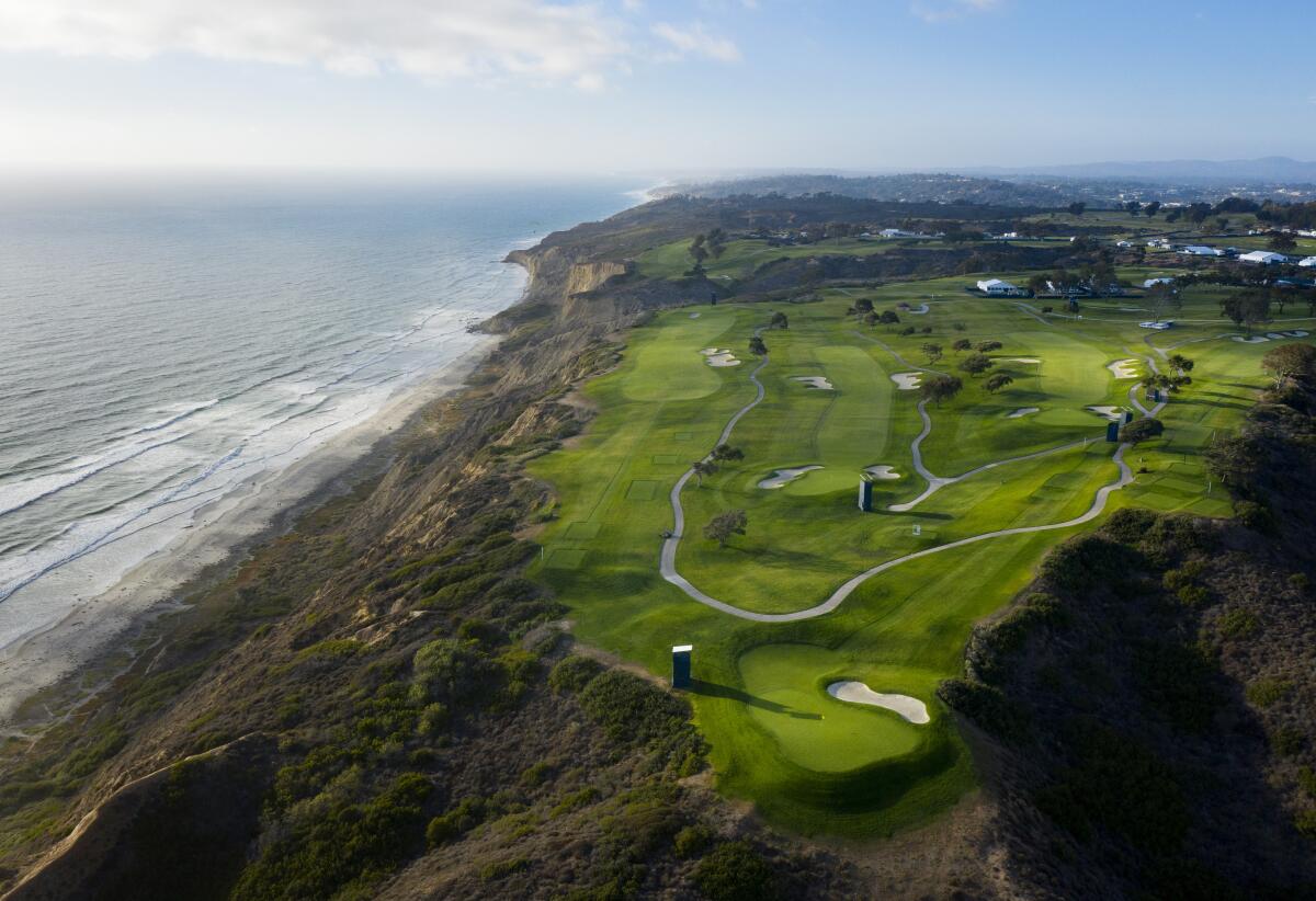 From left, the fourth, fifth, third (with green at bottom) and second holes at Torrey Pines South.