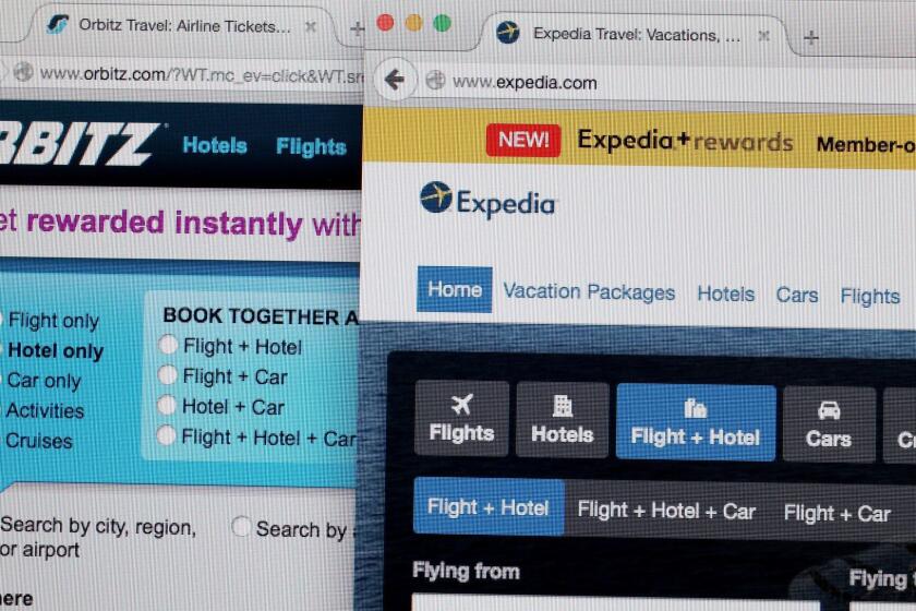 MIAMI, FL - FEBRUARY 12: In this photo illustration, the website for Expedia Inc. and Orbitz Worldwide Inc. are seen next to each other on February 12, 2015 in Miami, Florida. Expedia annouced plans to purchase Orbitz for about 1.34 billiion dollars. (Photo Illustration by Joe Raedle/Getty Images) ORG XMIT: 537542045