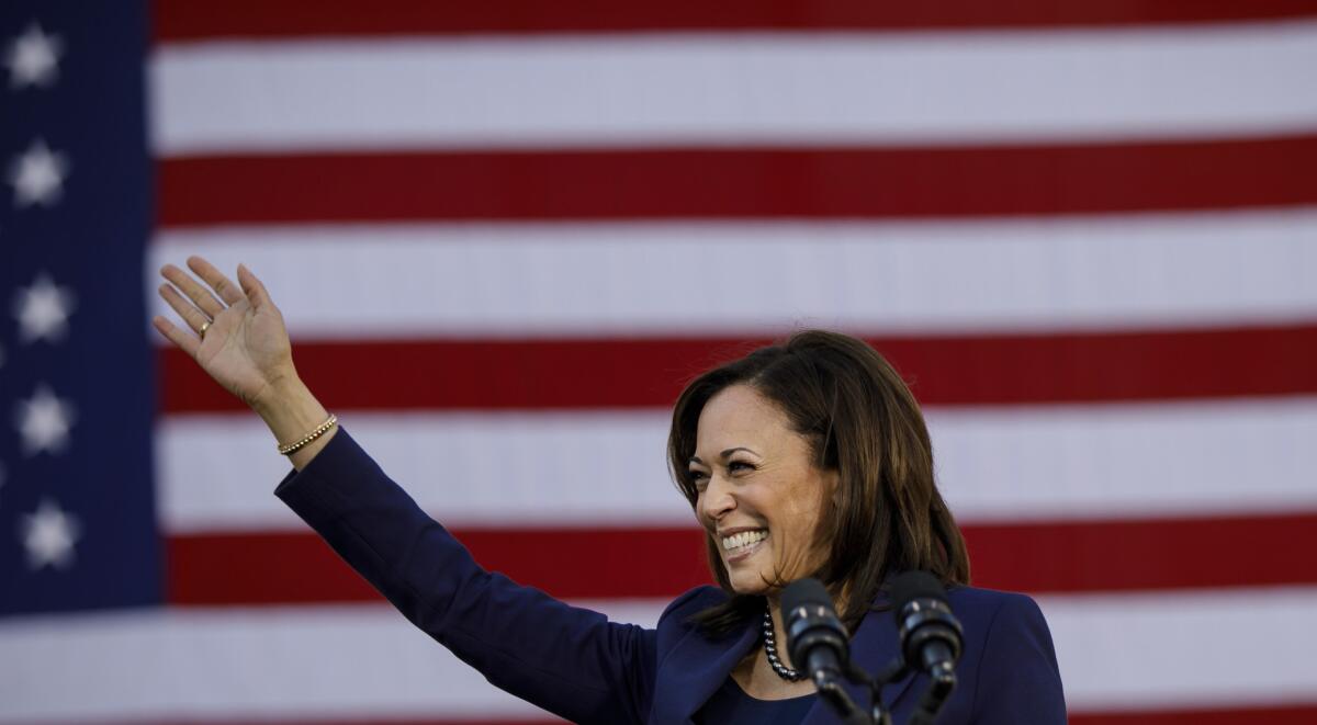 U.S. Sen. Kamala Harris, appearing at an event during her presidential campaign in 2019, has endorsed George Gascón for L.A. County district attorney.