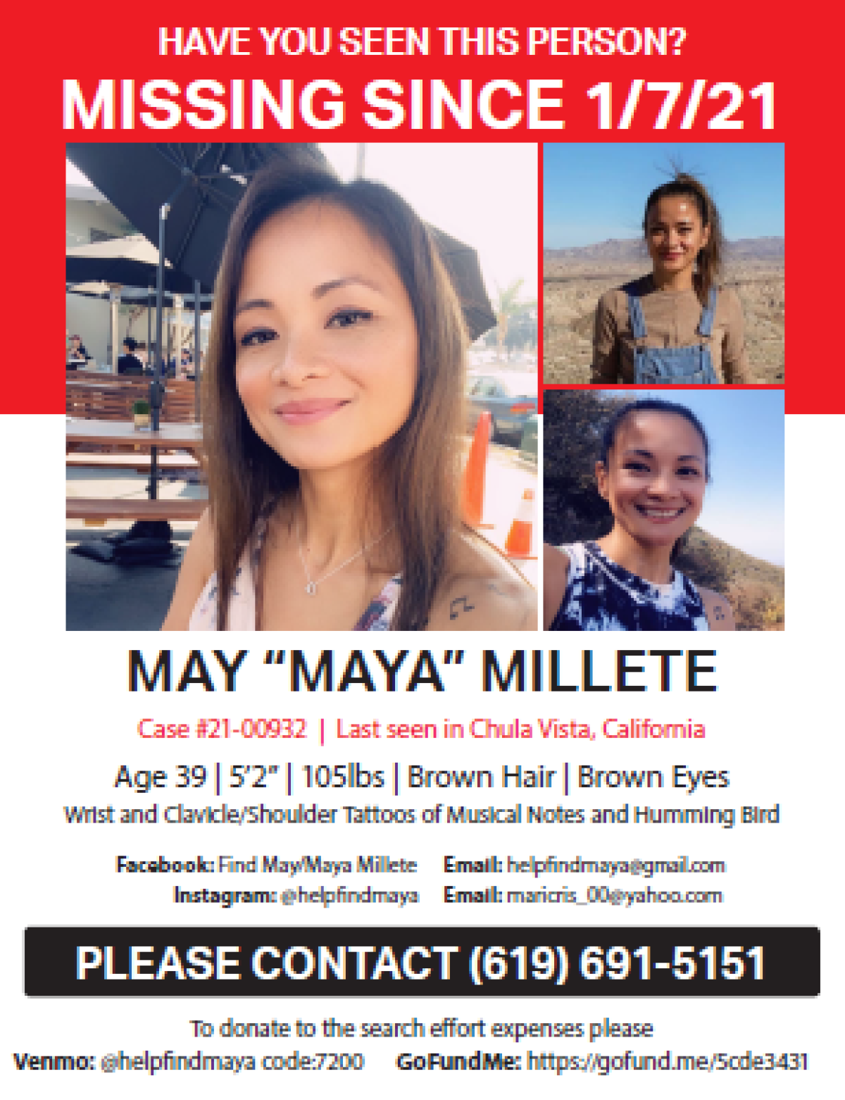A flier about Maya "May" Millete, who vanished Jan. 7.