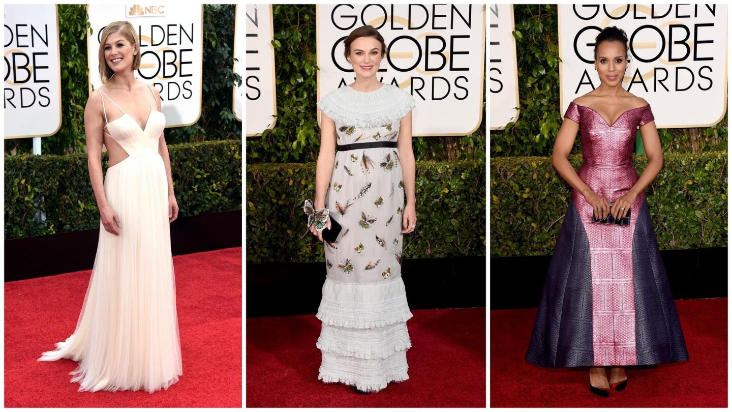 Rosamund Pike, left, Keira Knightley and Kerry Washington were among the worst dressed at the 2015 Golden Globes.